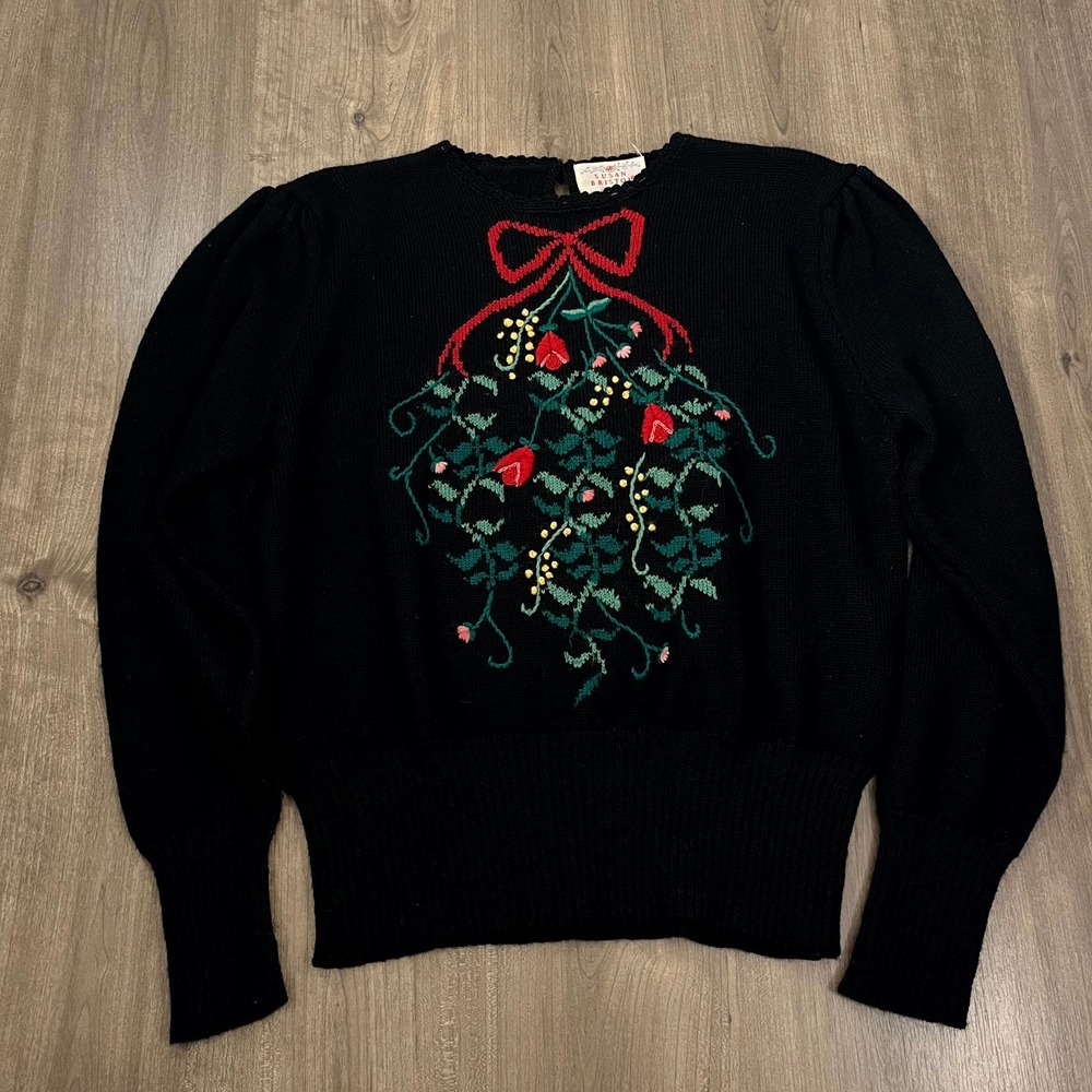 VTG Susan Bristol Sweater 1989 Black Hand Embroidered Wool Holiday Wreath 40/Med